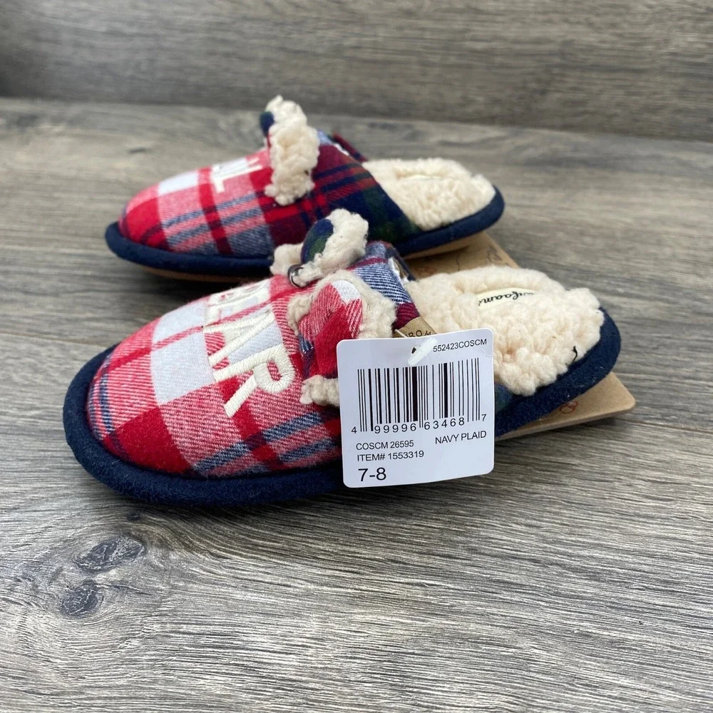 Lil Bear Dearfoam Slippers Youth Toddler Size 7 -8 ‎ Plaid Red Blue Comfort Cozy
